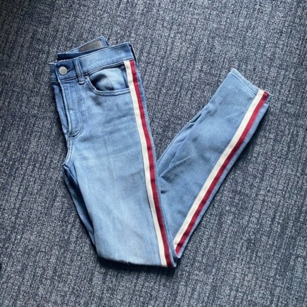 Express High Waisted Red & White Side Stripe Skinny Ankle Blue Jeans - Picture 2 of 5